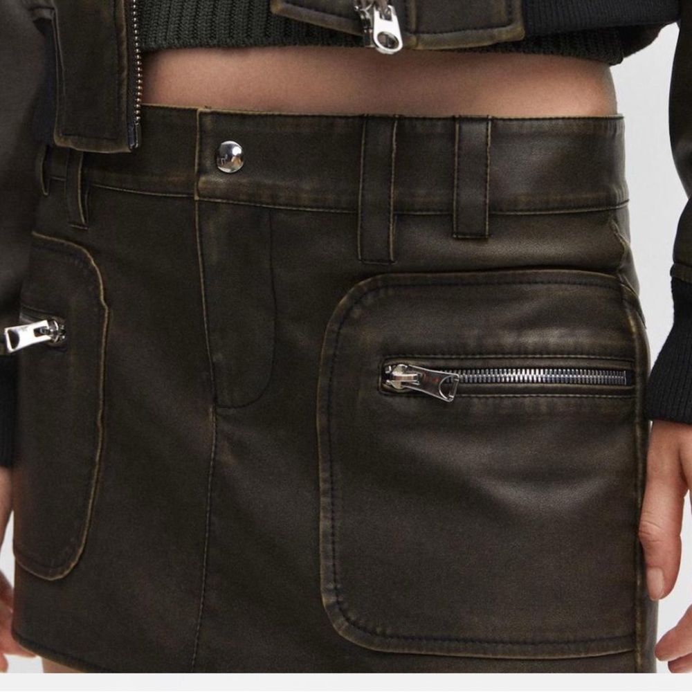 Dark Leather Mini Skirt with Zipper Pockets